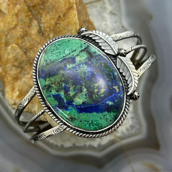 Sterling Silver Southwestern Style Oval Azurite Decorated Bracelet For Women - Picture 1 of 10